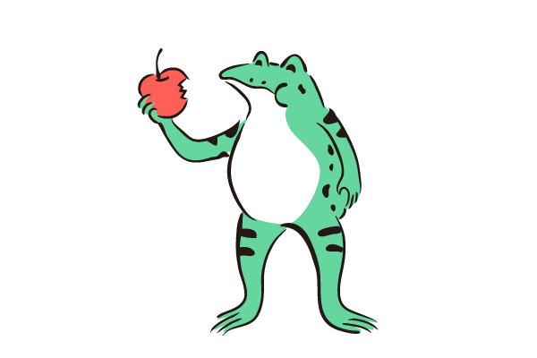リンゴを食べるカエルの鳥獣戯画