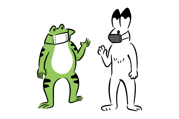 マスクを着用するカエルとウサギ